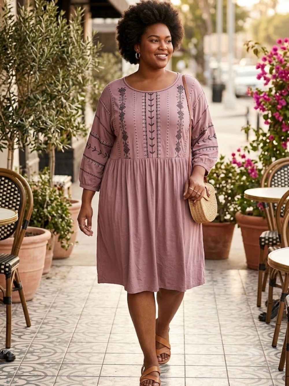 Embroidered Mauve Midi Dress with Scoop Neck